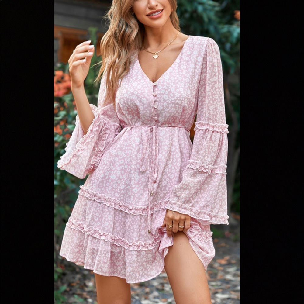 Pink V-neck Bell Sleeve Dress